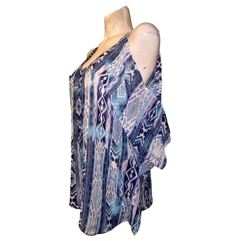 Wendy Bellissimo Cold Shoulder V Neck Blouse Blue Geometric Print Women's S/M - Picture 4 of 9